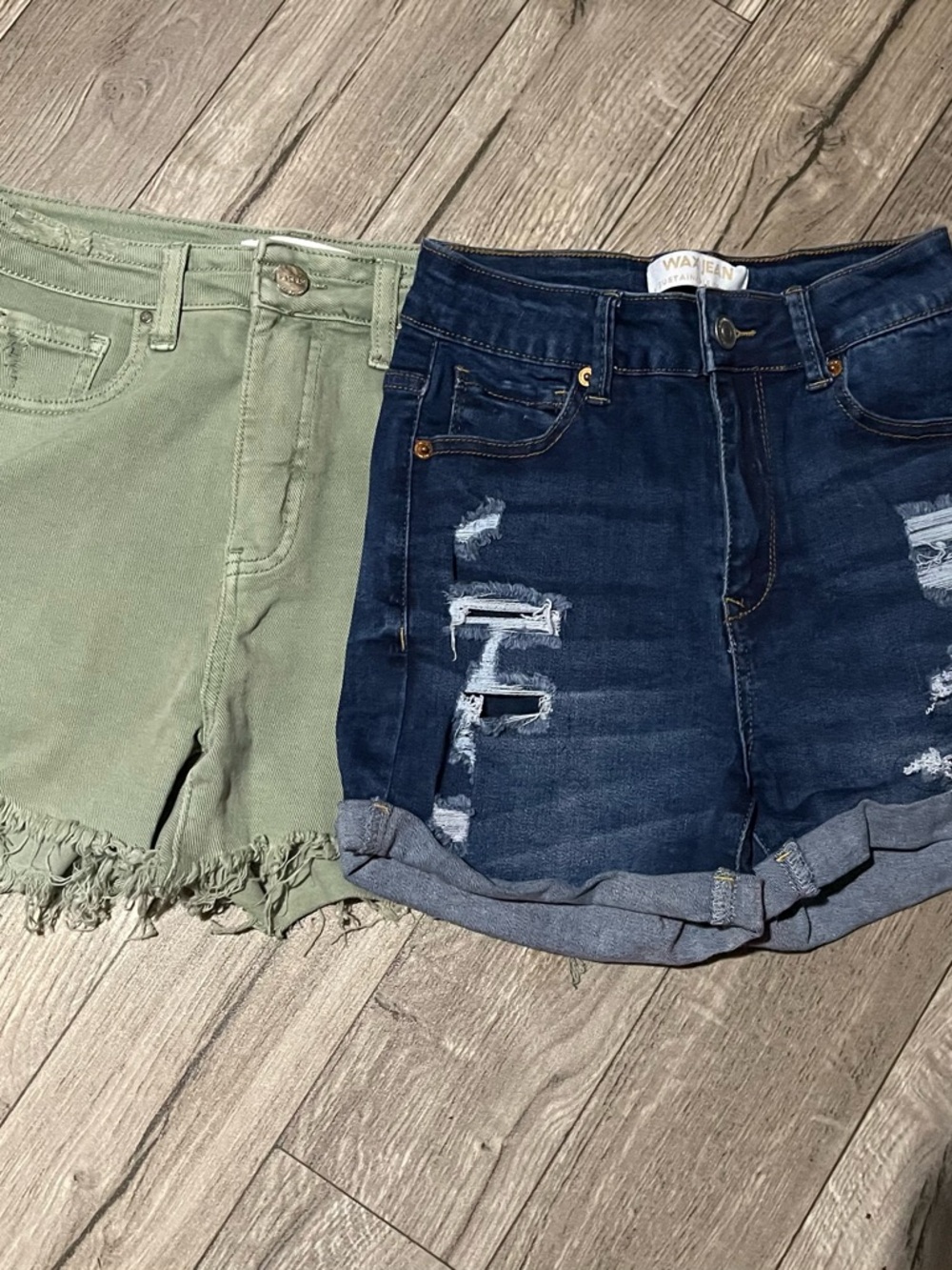 Wax Jean Dark Blue Distressed Jean Shorts & Olive Green Frayed  Risen Jeans